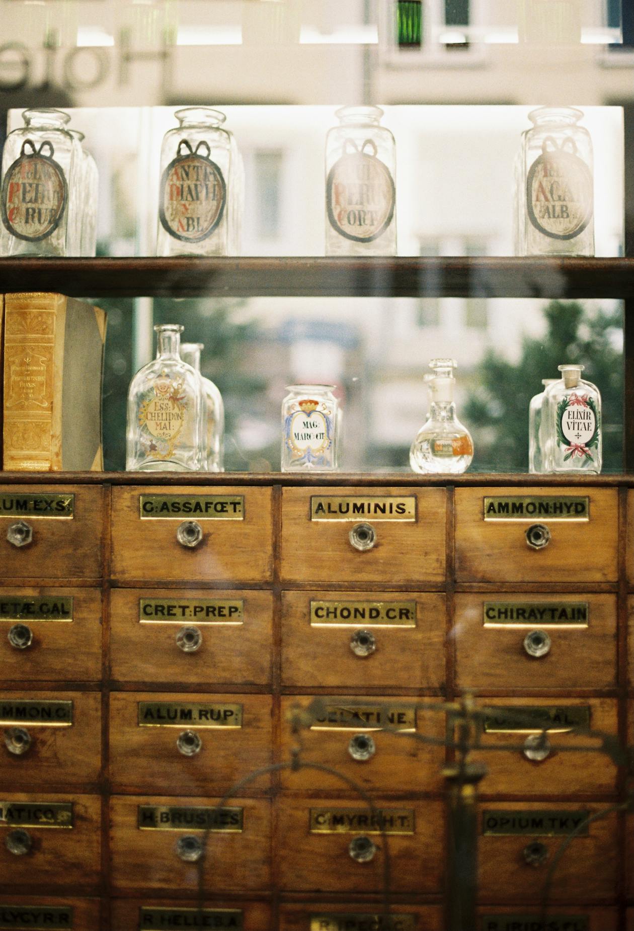 Apothecary bottles with herbs